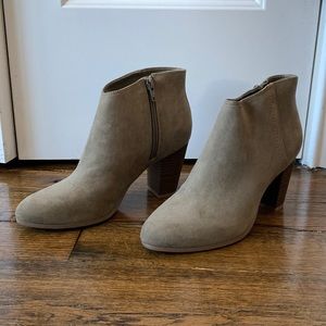 Faded green faux suede ankle booties